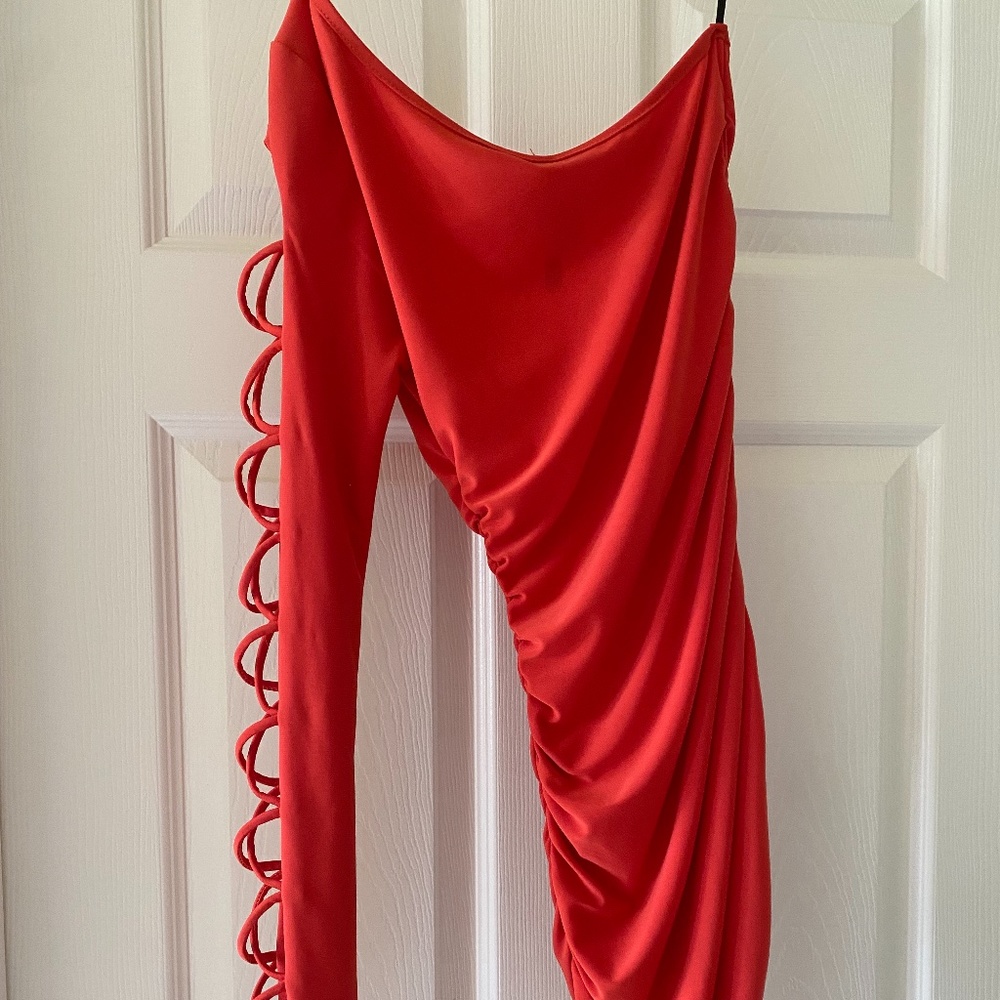 Women's Small Mini Dress Orange Sexy Rouched String On Side Sexy Drape Clubby